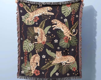 Jungle Tigers Woven Throw Blanket - Tropical Wild Cat Jacquard Wall Tapestry - Boho Maximalism Decor