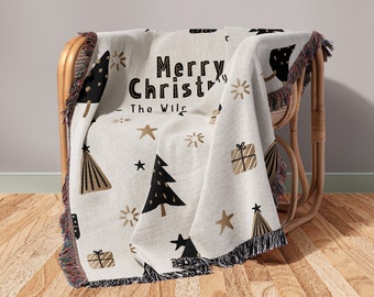 Customizable Scandinavian Christmas Throw Blanket - Personalized Woven Throw For Holiday Home Decor, Scandi Xmas Cotton Throw Blanket Gift