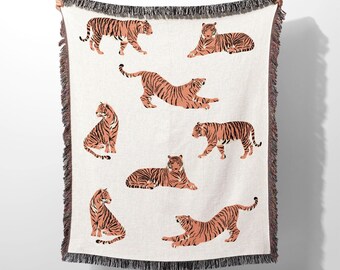 Tigers Woven Throw Blanket - Jungle Animal Cotton Jacquard - Fringed Tapestry for Boho Decor