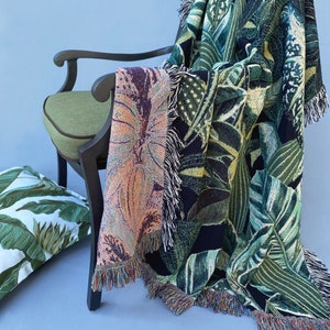 Plant Mom Woven Throw Blanket, Gift For Plant Lover, Tropical Leaves Jacquard Blanket, Green Leaf Fringe Cotton Throw, Gift For Gardener