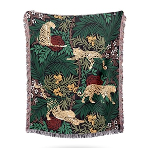Cheetah Jungle Woven Throw Blanket - Floral Leopard Cotton Jacquard -  Fringed  - Housewarming Gift