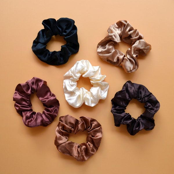 Satin Scrunchies Set, Neutral Tones Silk Hair Scrunchie, Fall Scrunchies Strong Ponytail Holders, Designer Scrunchie for Gift, Roommate Gift