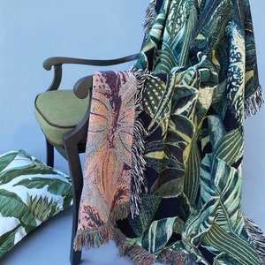 Botanical Jungle Throw Blanket, Woven Cotton Throw Blanket, Green Plants Tapestry, Tropical Leaf Blanket, Fringe Jacquard Woven Cotton Throw image 4