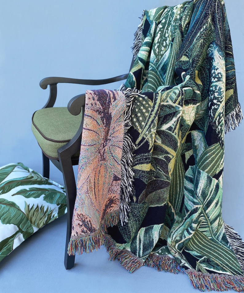 Botanical Jungle Throw Blanket, Woven Cotton Throw Blanket, Green Plants Tapestry, Tropical Leaf Blanket, Fringe Jacquard Woven Cotton Throw image 4