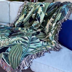 Botanical Jungle Throw Blanket, Woven Cotton Throw Blanket, Green Plants Tapestry, Tropical Leaf Blanket, Fringe Jacquard Woven Cotton Throw image 5