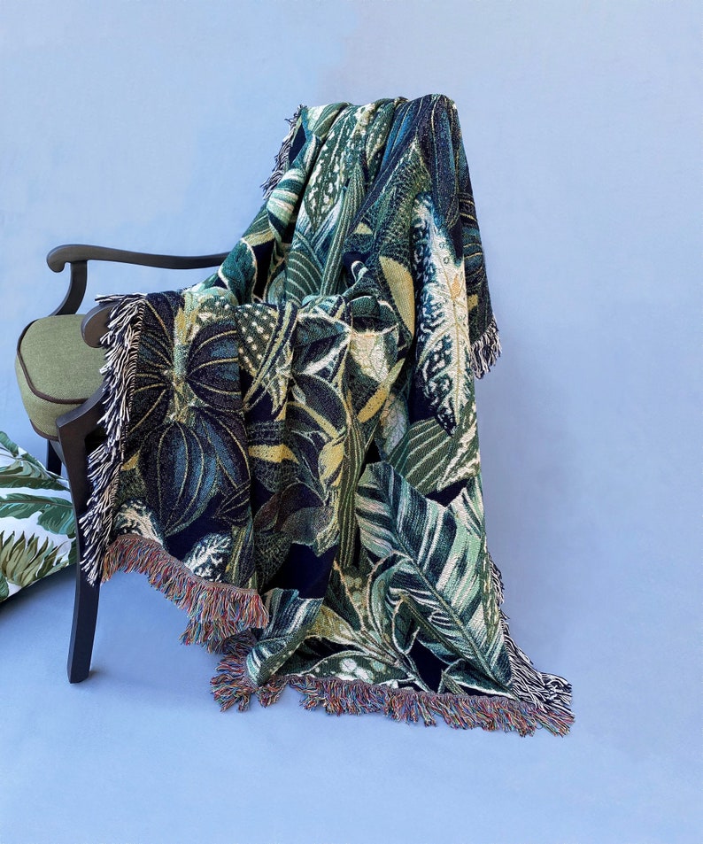 Botanical Jungle Throw Blanket, Woven Cotton Throw Blanket, Green Plants Tapestry, Tropical Leaf Blanket, Fringe Jacquard Woven Cotton Throw image 1