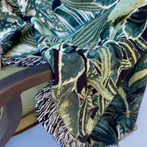 Botanical Jungle Throw Blanket, Woven Cotton Throw Blanket, Green Plants Tapestry, Tropical Leaf Blanket, Fringe Jacquard Woven Cotton Throw image 7