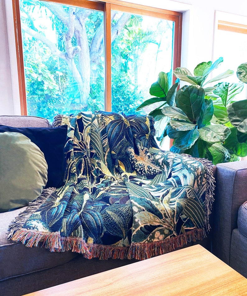 Botanical Jungle Throw Blanket, Woven Cotton Throw Blanket, Green Plants Tapestry, Tropical Leaf Blanket, Fringe Jacquard Woven Cotton Throw image 2