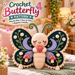 May include: A crochet butterfly plush with a cream-colored body, dark green wings, and lavender crescent moon accents. The wings feature embroidered white flowers, small green leaves, and red-capped mushrooms. Text reads: Crochet Butterfly Pattern, Step-by-Step, Easy to Follow, Beginner Friendly.