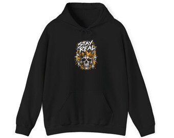 Stay Real Skull Hoodie, Black Motivational Pullover, Distressed Lettering, Gold Splatter Graphic, Unisex