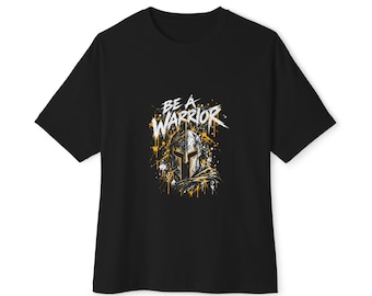 Be A Warrior Helmet Oversized Boxy Tee, Black Motivational Streetwear, Distressed Lettering, Gold Splatter