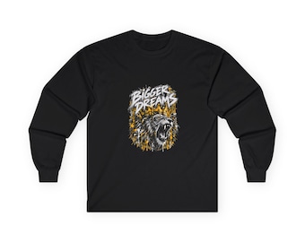Bigger Dreams Roaring Lion Long Sleeve Tee, Distressed Gold Splatter Graphic