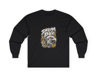 Dream Big Eagle Long Sleeve Shirt, Black Motivational Graphic Tee, Distressed Lettering, Gold Splatter