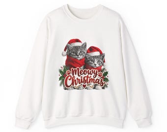 Meowy Christmas Cat Crewneck Sweatshirt, Funny Holiday Pullover, Cozy Unisex Kitty Pun Top
