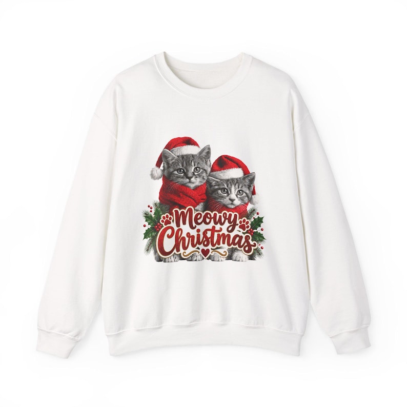 Sweat-shirt à col rond « Chat de Noël Miaou », pull festif et amusant, haut unisexe confortable avec jeu de mots sur les chats image 1