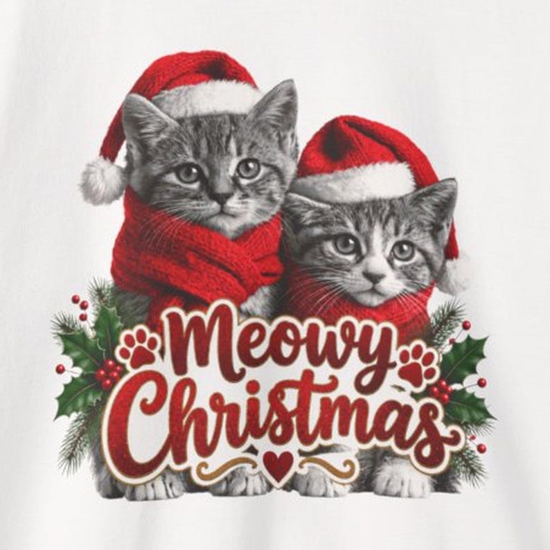 Peut inclure: Deux chatons tigr&eacute;s gris portant des bonnets de P&egrave;re No&euml;l rouges et des &eacute;charpes rouges. Les chatons sont plac&eacute;s derri&egrave;re un graphisme avec l'inscription Meowy Christmas en lettres cursives rouges, d&eacute;cor&eacute; de houx et de baies.