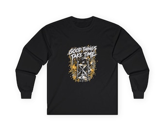 Good Things Take Time Hourglass Long Sleeve Tee, Distressed Gold Splatter