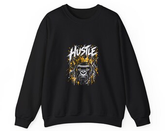 Hustle Gorilla Crewneck Sweatshirt, Black Motivational Pullover, Distressed Lettering, Gold Splatter