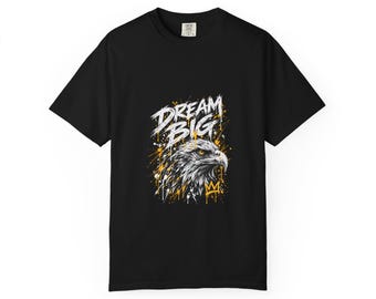Dream Big Eagle Shirt, Black Motivational Graphic Tee, Distressed Lettering, Gold Splatter, Unisex