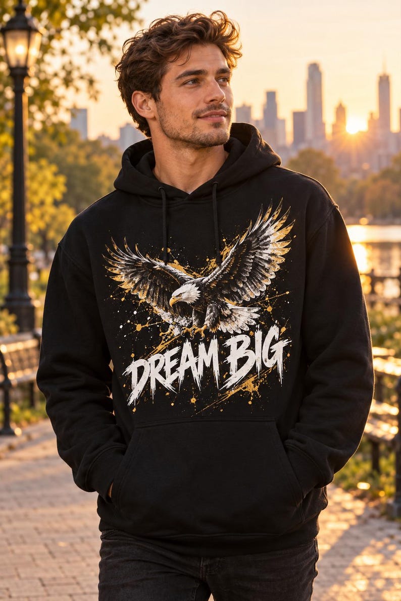 K&ouml;nnte beinhalten: Ein schwarzer Kapuzenpullover mit einem Grafikdruck eines Wei&szlig;kopfseeadlers im Flug mit ausgebreiteten Fl&uuml;geln. Unter dem Adler ist der Text "DREAM BIG" in einer verwaschenen wei&szlig;en Schrift gedruckt, akzentuiert durch gelbe und wei&szlig;e Farbspritzer.