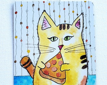 Art Magnet "Cat With A Slice" Cat Art 3.5" x 5"