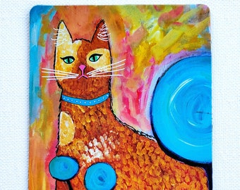 Art Magnet "Cat With Lollipop Trees" Cat Art 3.5" x 5"