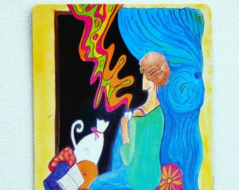 Art Magnet "Girl and Cat" Cat Art 3.5" x 5"