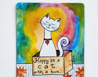 Art Magnet "Happy As A Cat With A Box" Cat Art 3.5" x 5"