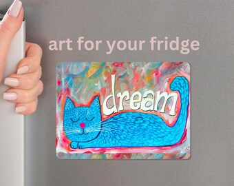 Dream Cat Art Magnet: Whimsical Fridge Decor