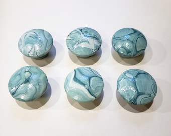 Groovy Modern Turquoise Blue Gray and White Acrylic Pour Cabinet Knobs Pulls Set of 6