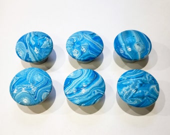 Groovy Modern Blue White and Gray Acrylic Pour Cabinet Knobs Pulls Set of 6