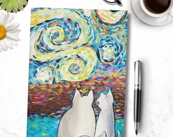 May include: Two white cats are sitting side by side, looking up at a starry night sky. The background is a painting in the style of Van Gogh's Starry Night.