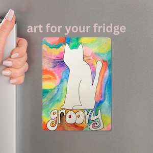Cat Art Cute Fridge Magnet Vinyl Kitchen Art Groovy Cat Gift for Cat Lover Cat Mom Cat Dad Christmas Gift Stocking Stuffer 3.5" x 5"