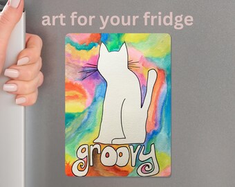 Groovy Cat Art Fridge Magnet, Kitchen Decor (3.5" x 5")