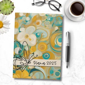 Carnet cartonné personnalisé Papillon |  Floral turquoise doré crème turquoise | Agenda 2025 150 pages Gratitude Résolutions Souvenirs Cadeau pour elle