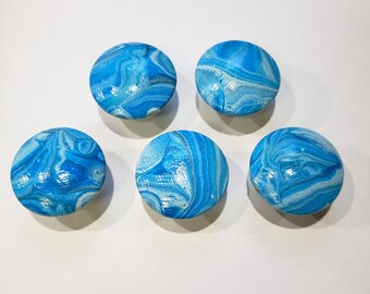 Groovy Modern Blue White and Gray Acrylic Pour Cabinet Knobs Pulls Set of 5