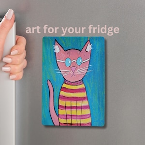 Cat Art Cute Fridge Magnet Vinyl Kitchen Art Striped Shirt Cat Gift for Cat Lover Cat Mom Cat Dad Christmas Gift Stocking Stuffer 3.5" x 5"