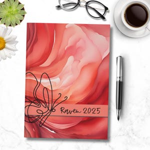 Carnet cartonné personnalisé Papillon |  Aquarelle abstraite rouge | Agenda 2025 150 pages pour la gratitude, des résolutions, des souvenirs, un cadeau pour elle