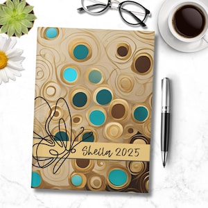 Carnet cartonné personnalisé Papillon | Cercles dorés et turquoise | Agenda 2025 150 pages pour la gratitude, des résolutions, des souvenirs, un cadeau pour elle