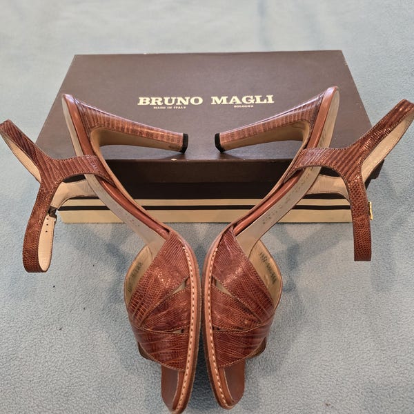 Vintage Bruno Magli Snakeskin Sandals: Brown Ankle Strap Heels, US 7AA