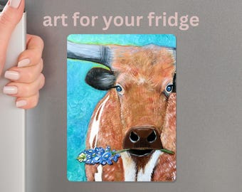 Aimant artistique vache à longues cornes : fleur Texas Bluebonnet, décoration de cuisine