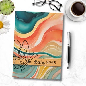 Carnet cartonné personnalisé Papillon | Aquarelle orange sarcelle | Agenda 2025 150 pages pour la gratitude, des résolutions, des souvenirs, un cadeau pour elle