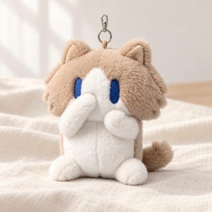 May include: A plush cat keyring featuring soft beige and white fur. The cat has embroidered blue eyes and is depicted with its paws held up to its face. A silver-toned metal lobster clasp is attached to the top of the cat's head.
