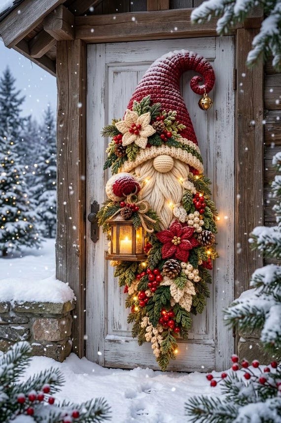 Crochet Gnome Door Swag Pattern PDF - Winter Botanical Christmas Door Hanger, Instant Download