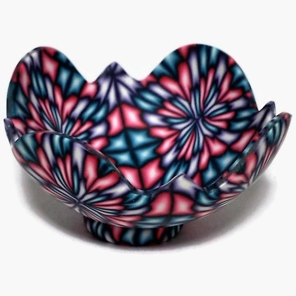 Small Polymer Clay bowl, 2 1/4 inch ring dish, pink blue bowl, kaleidoscope dish, clay dish, dainty bowl, unique bowl, art vessel, scalloped