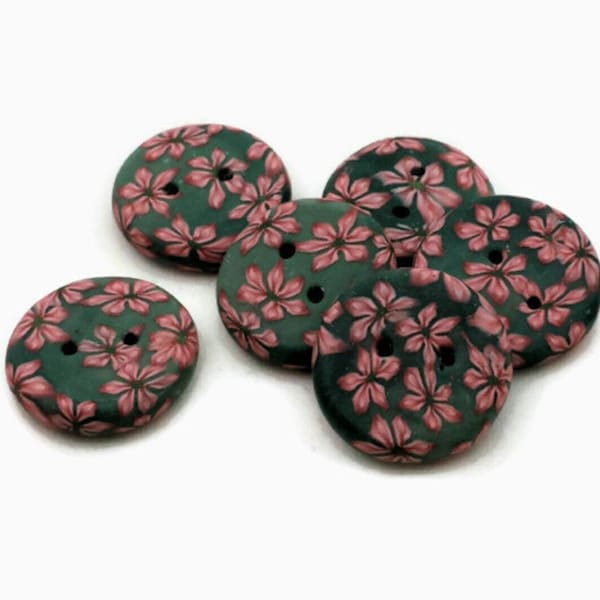 Green and Pink Floral Buttons, 24 mm round button, set of 6, organic buttons, unique buttons, knitting buttons, pink flower button, quilting