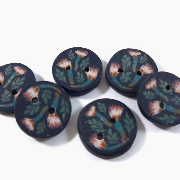 Floral Polymer Button, 15 mm round button, set of 6 buttons, black button, thistle button, pink flowers button, rustic button, unique button