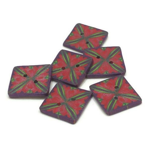 Square Kaleidoscope Buttons, set of 6 buttons, 20mm, polymer clay button, red green purple buttons organic design, unique buttons, quilting