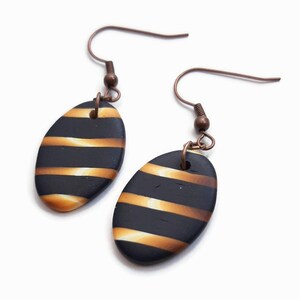 May include: A pair of black and gold striped oval earrings with copper hooks.