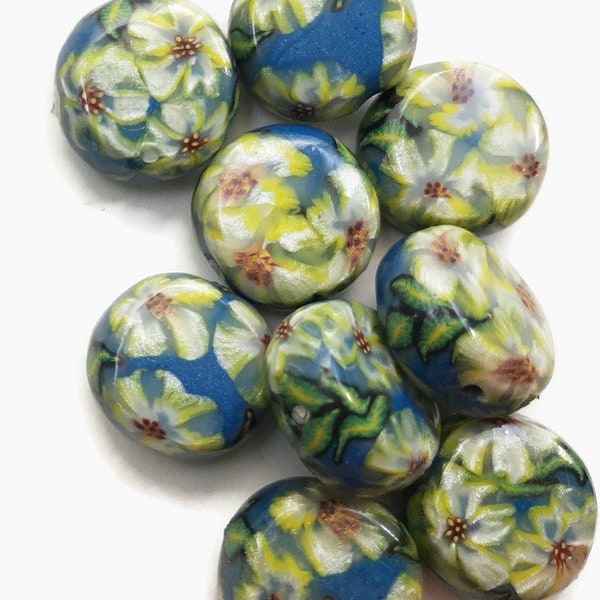 Blue and yellow floral beads, faux glass beads, 22 mm disc beads, polymer clay beads, flower design, millefiori design, shiny beads